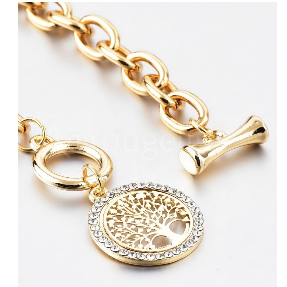 Tree Charm Rhinestone Gold Tone Chain Dangle Bracelet - Picture 5 of 6